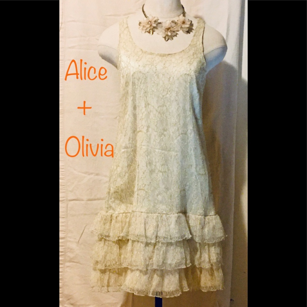 Alice + Olivia Silk and Lace Dress Gold Ivory XS